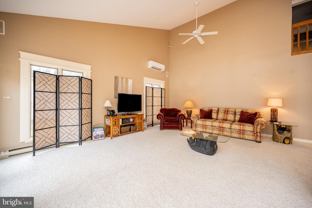 1909 Marsh Hill Rd, Mc Henry, MD 21541 - carpeted living area with a wall unit AC, high vaulted ceiling, baseboards, visible vents, and a ceiling fan
