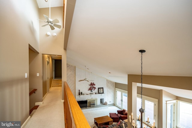 1909 Marsh Hill Rd, Mc Henry, MD 21541 - stairway with a fireplace, high vaulted ceiling, ceiling fan, and carpet