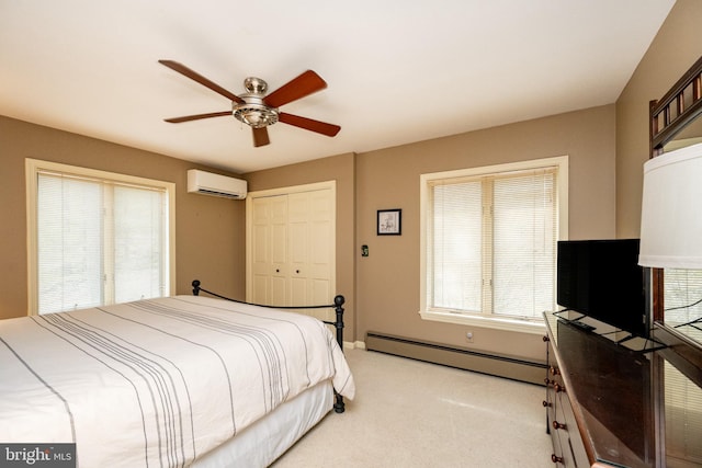1909 Marsh Hill Rd, Mc Henry, MD 21541 - bedroom with a closet, a wall unit AC, baseboard heating, light colored carpet, and ceiling fan