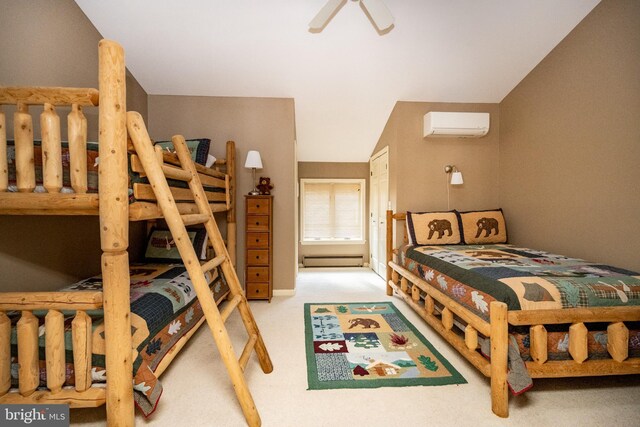 1909 Marsh Hill Rd, Mc Henry, MD 21541 - bedroom featuring a baseboard radiator, vaulted ceiling, an AC wall unit, and carpet flooring