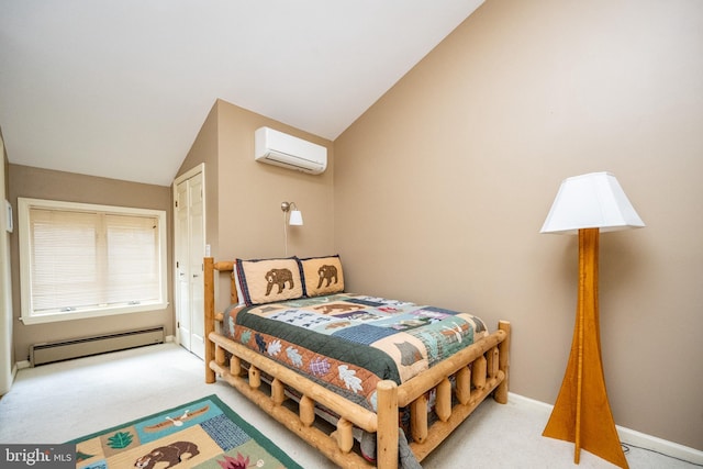 1909 Marsh Hill Rd, Mc Henry, MD 21541 - bedroom with light colored carpet, a wall unit AC, a baseboard radiator, lofted ceiling, and baseboards
