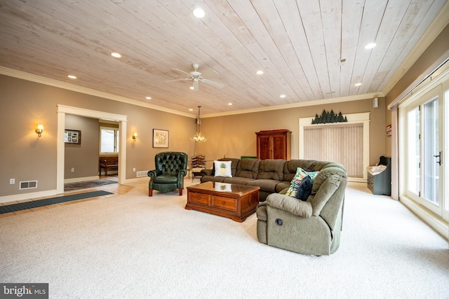 1909 Marsh Hill Rd, Mc Henry, MD 21541 - living area featuring recessed lighting, ornamental molding, carpet, wood ceiling, and visible vents
