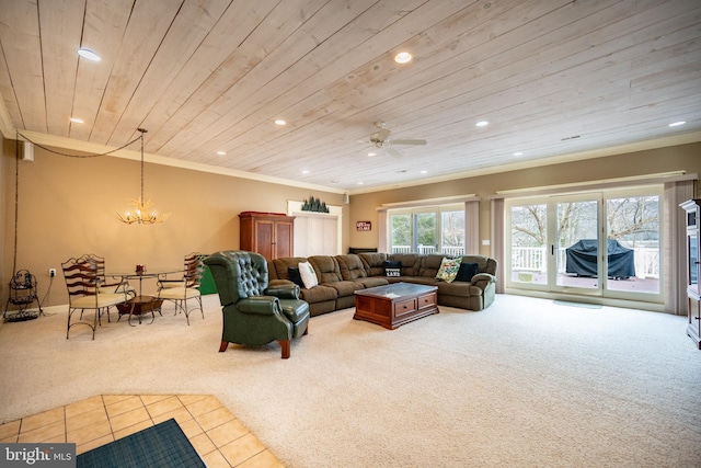 1909 Marsh Hill Rd, Mc Henry, MD 21541 - tiled living area featuring crown molding, recessed lighting, wooden ceiling, ceiling fan with notable chandelier, and carpet floors