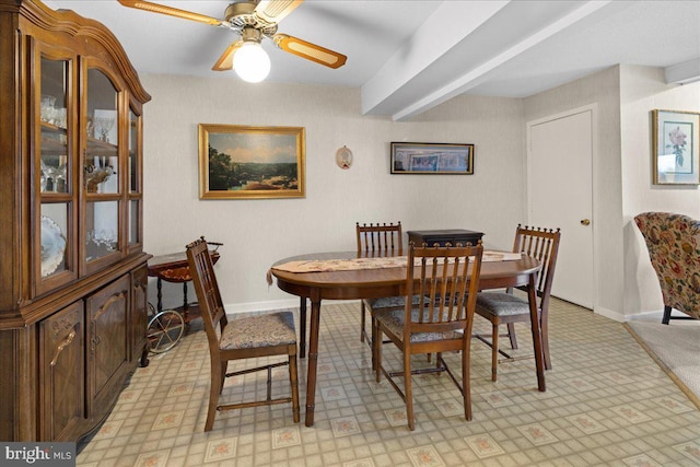 dining area with beamed ceiling, baseboards, a ceiling fan, and light floors