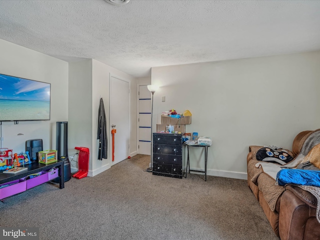 living area with baseboards, carpet, and a textured ceiling