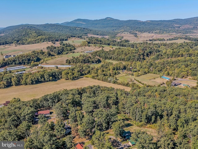 drone / aerial view featuring a forest view and a mountain view