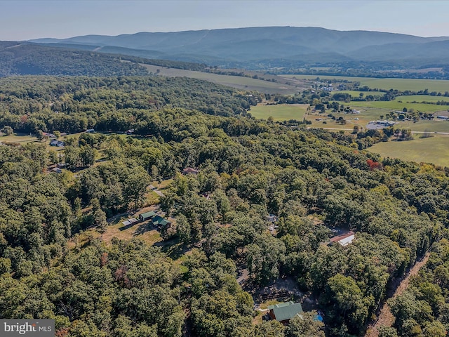 birds eye view of property featuring a mountain view and a view of trees