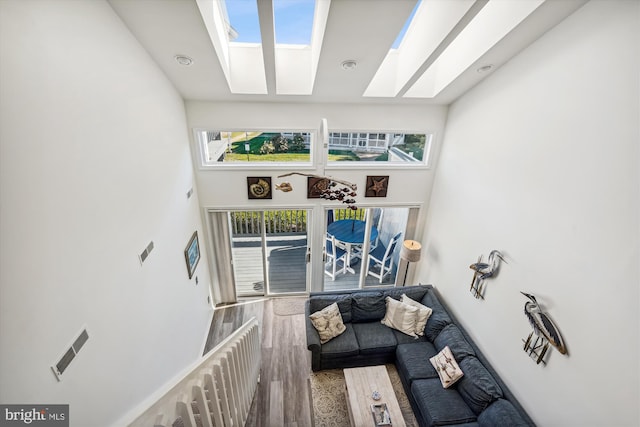 living room featuring a high ceiling, a skylight, and wood finished floors