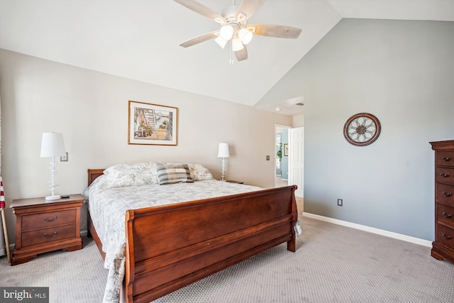 bedroom featuring baseboards, ceiling fan, high vaulted ceiling, and light colored carpet