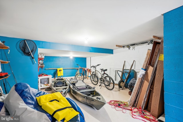 interior space with concrete block wall and concrete flooring