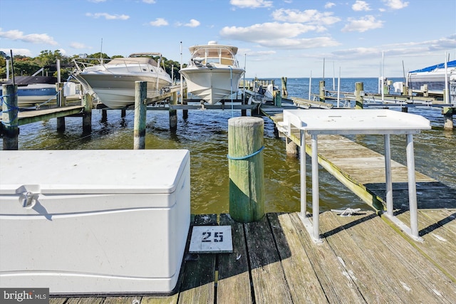 dock area with boat lift and a water view