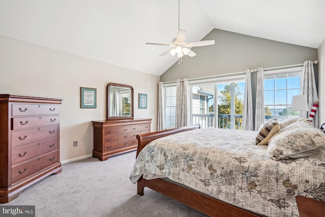 carpeted bedroom with access to outside, baseboards, vaulted ceiling, and ceiling fan