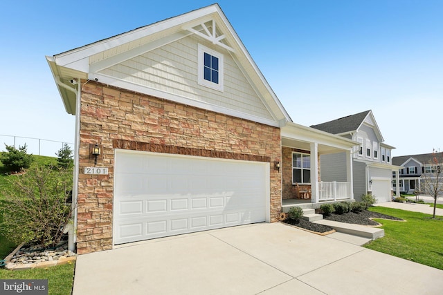 2101 Gails Ln, Mount Airy, MD 21771 - craftsman house featuring a porch, driveway, a garage, and stone siding