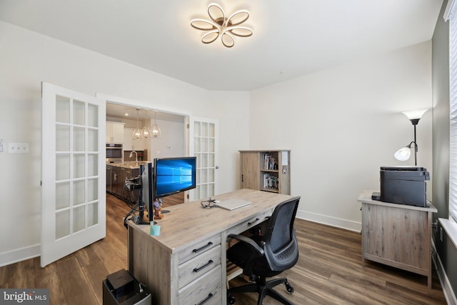 2101 Gails Ln, Mount Airy, MD 21771 - office featuring french doors, baseboards, dark wood-style floors, and a notable chandelier