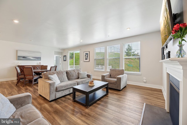 2101 Gails Ln, Mount Airy, MD 21771 - living room featuring a fireplace with flush hearth, wood finished floors, baseboards, and recessed lighting