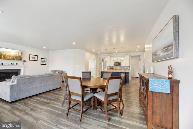 2101 Gails Ln, Mount Airy, MD 21771 - dining space featuring wood finished floors, a glass covered fireplace, and recessed lighting