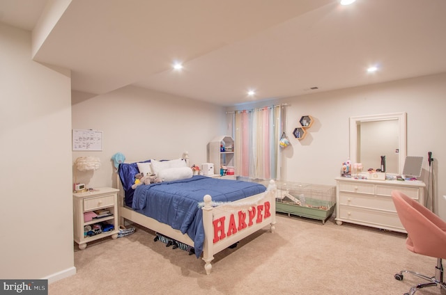 carpeted bedroom with recessed lighting and baseboards