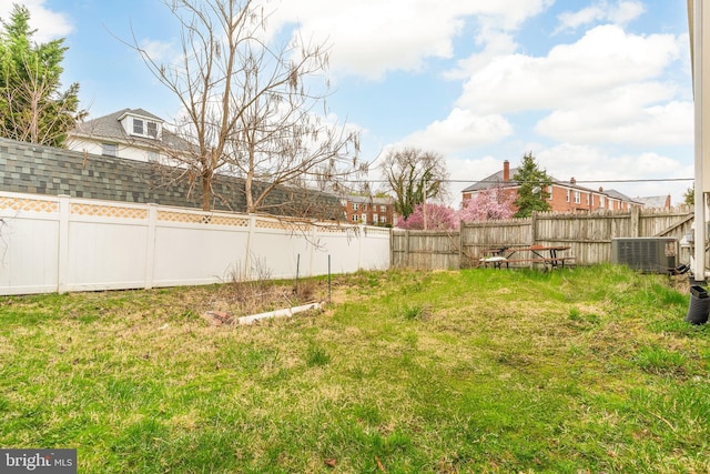view of yard featuring cooling unit and a fenced backyard