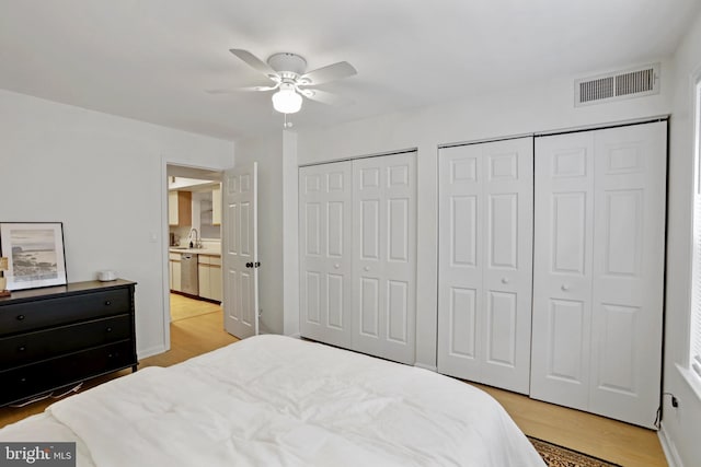 13663 Orchard Dr Unit 3663, Clifton, VA 20124 - bedroom with a sink, two closets, light wood finished floors, and a ceiling fan