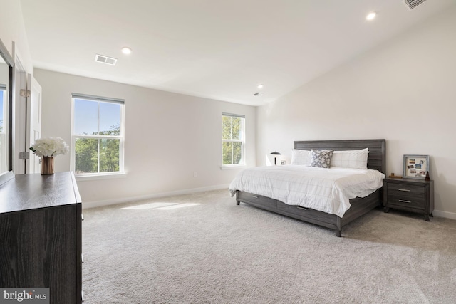 bedroom with recessed lighting, baseboards, visible vents, and light carpet