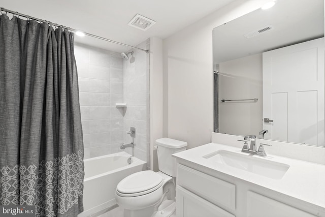 bathroom featuring toilet, visible vents, shower / bathtub combination with curtain, and vanity