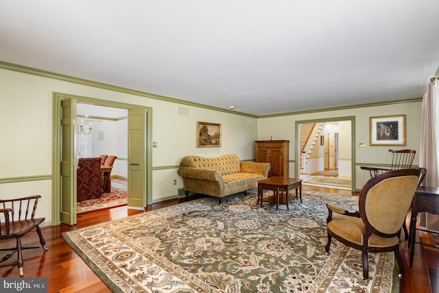 4300 Valleyview Rd, Harrisburg, PA 17112 - living area with wood finished floors, stairway, crown molding, and baseboards