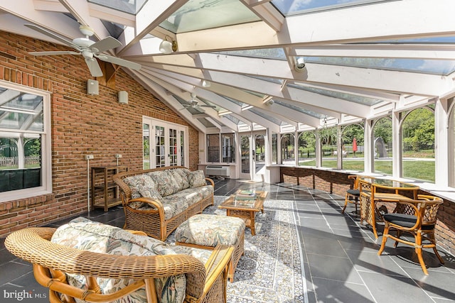 4300 Valleyview Rd, Harrisburg, PA 17112 - sunroom with a ceiling fan, an outdoor living space, vaulted ceiling, and a wall mounted AC