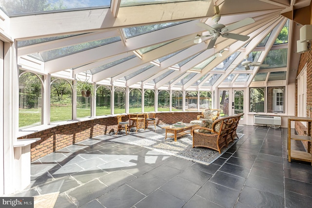 4300 Valleyview Rd, Harrisburg, PA 17112 - unfurnished sunroom featuring ceiling fan, a wall mounted air conditioner, outdoor lounge area, and outdoor dining area