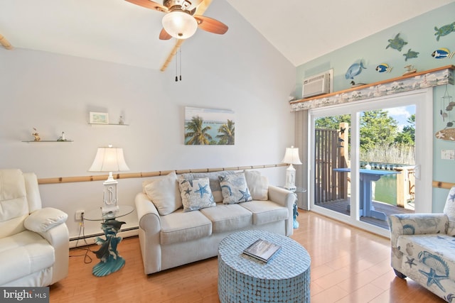 2818 Tern Dr Unit 9, Ocean City, MD 21842 - living room featuring a baseboard radiator, a ceiling fan, high vaulted ceiling, and a wall mounted air conditioner