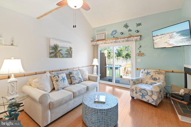 2818 Tern Dr Unit 9, Ocean City, MD 21842 - living area featuring a baseboard heating unit, high vaulted ceiling, ceiling fan, and wood finished floors