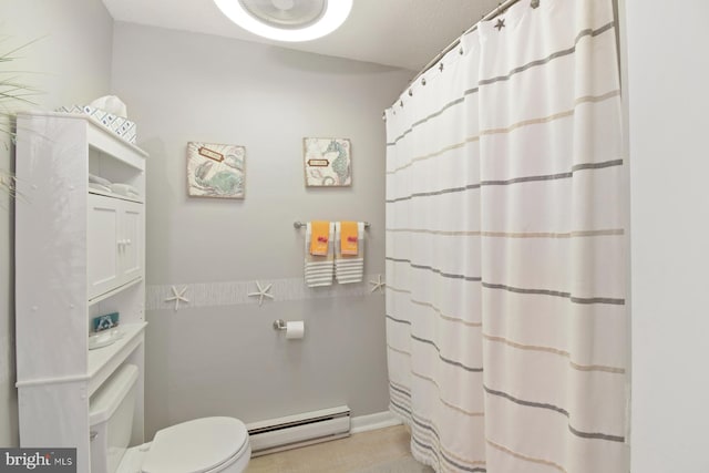 2818 Tern Dr Unit 9, Ocean City, MD 21842 - full bathroom with baseboard heating, toilet, and a shower with shower curtain