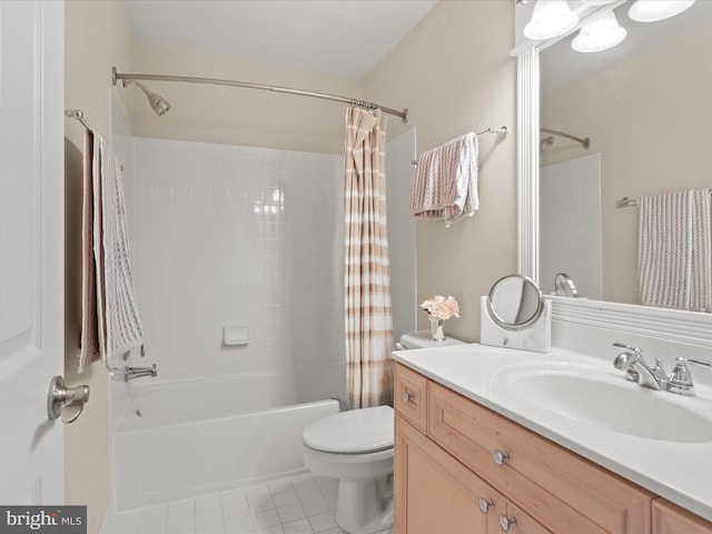 full bathroom featuring toilet, tile patterned floors, shower / tub combo with curtain, and vanity