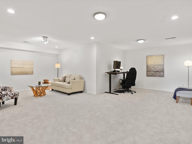 living room featuring baseboards, carpet flooring, and recessed lighting