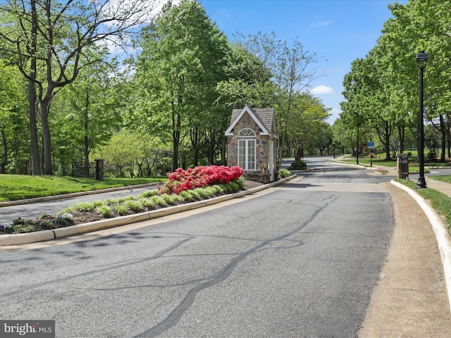 view of road with street lighting, a gated entry, and curbs