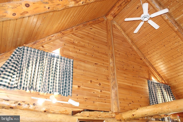 interior space featuring lofted ceiling with beams, wooden walls, and wooden ceiling