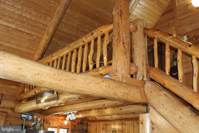 interior details featuring beamed ceiling, log walls, and wood ceiling
