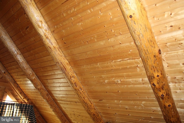 details with wooden walls, wooden ceiling, and beam ceiling