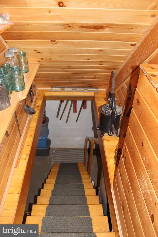 staircase with wooden ceiling and a sauna