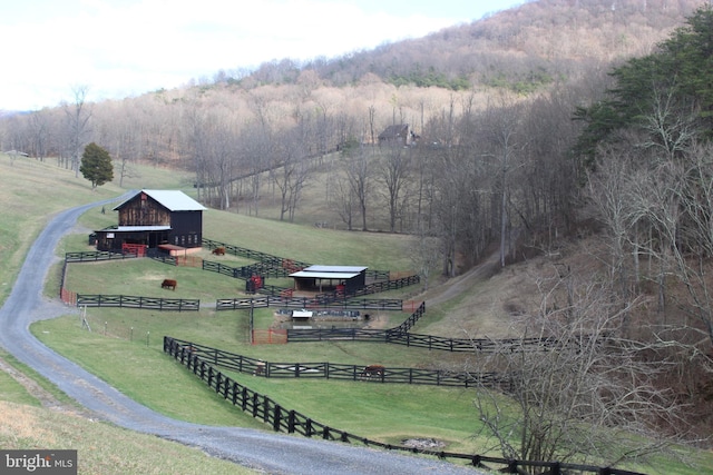 birds eye view of property with a forest view and a rural view