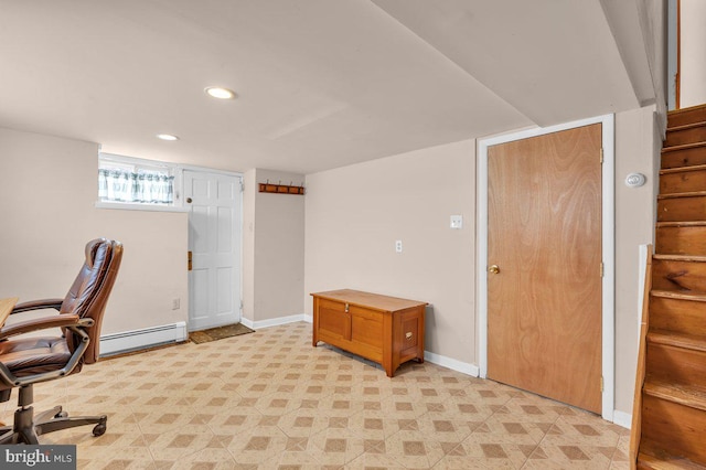 home office with baseboards, a baseboard heating unit, and recessed lighting