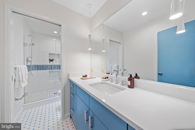 7030 Oregon Ave NW, Washington, DC 20015 - full bath with tile patterned floors, a stall shower, vanity, toilet, and recessed lighting