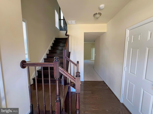 stairway with baseboards and wood finished floors