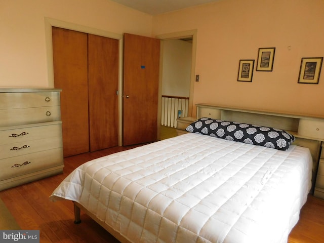 bedroom featuring wood finished floors and a closet