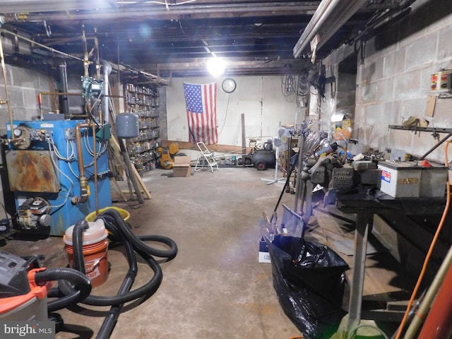 unfinished basement featuring a heating unit