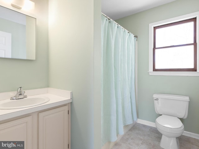 666 Clifton Dr, Bear, DE 19701 - bathroom with tile patterned floors, a shower with curtain, toilet, baseboards, and vanity