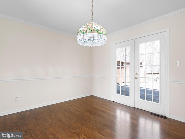 666 Clifton Dr, Bear, DE 19701 - unfurnished dining area featuring wood finished floors, french doors, visible vents, and ornamental molding