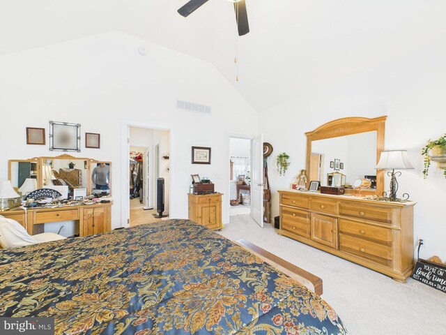 69 Amanda Ave, Greenwood, DE 19950 - bedroom with light colored carpet, visible vents, high vaulted ceiling, and a ceiling fan