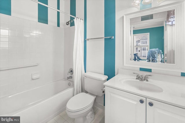 full bathroom featuring vanity, tile patterned flooring, toilet, and shower / tub combo with curtain
