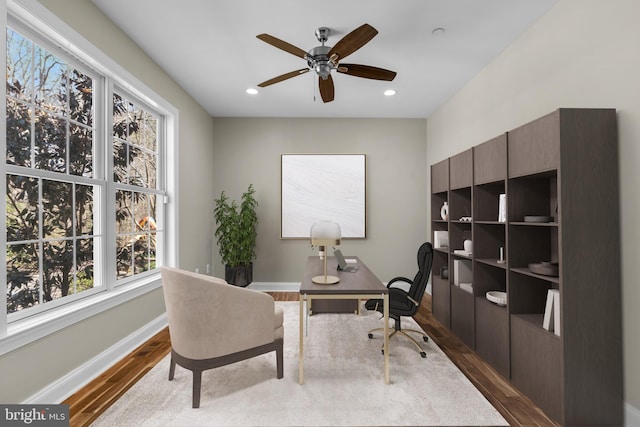 office area featuring baseboards, dark wood-style floors, recessed lighting, and ceiling fan