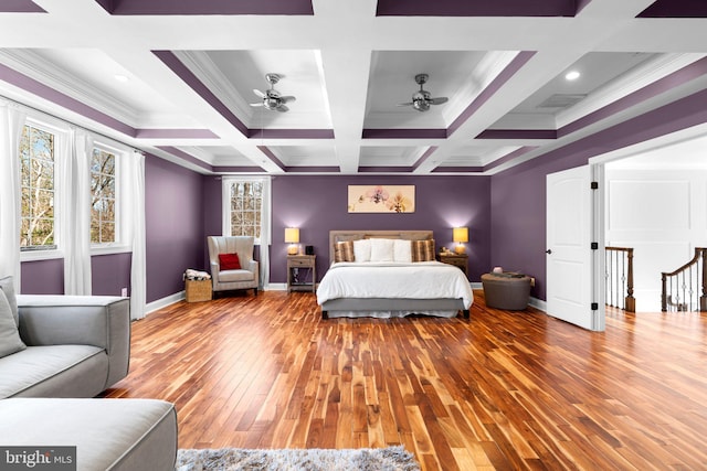 bedroom featuring baseboards, beam ceiling, coffered ceiling, and wood-type flooring